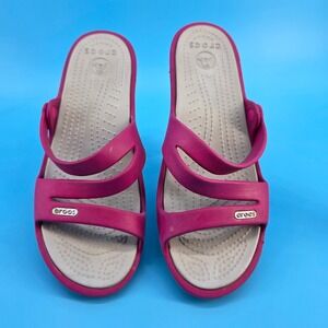 Crocs Patricia Womens Fuchsia Pink Tan Wedge Sandals Strappy Slides Size W7